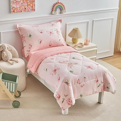 DuShow Pink Butterfly Toddler Bedding Set for Girls,4 Pieces Toddler Bed Set,Seersucker Toddler Comforter Set,Includes Comforter,Flat Sheet,Fitted Sheet and Pillowcase