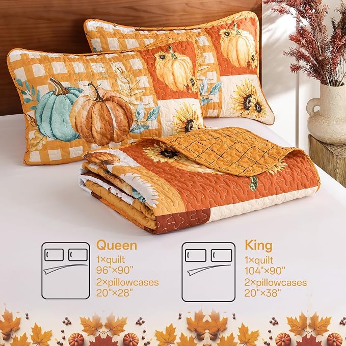 WONGS BEDDING Fall Thanksgiving Queen Quilt, Pumpkin Maple Leaves Bedspread | - Image 7