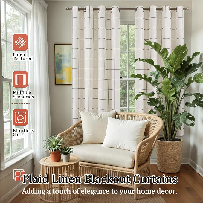 Plaid Blackout Curtains for Bedroom, 52x63 Inch 2 Panels, Dark Green | Boho - Image 2