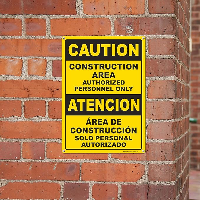 Brimar - 10" x 14" - Bilingual Caution Construction Area Authorized Only Sign - .055″ Polyethylene Plastic - Bilingual Design - Easy Installation