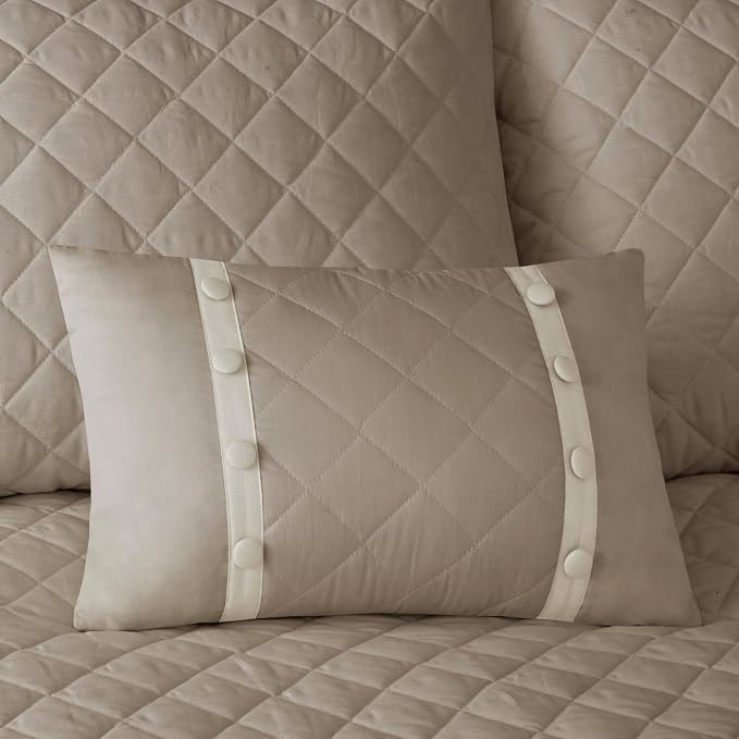 Madison Park Cotton Traditional Diamond Quilted Khaki Queen Quilt Set, Machine - Image 4