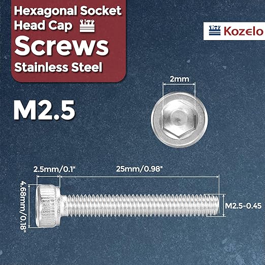 Kozelo 30pcs Socket Head Cap Screws - [M2.5-0.45 x 25mm] 304 Stainless Steel Allen Socket Drive for Electrical Motor 3D Printing Fan Engine Replacement Use, Silver