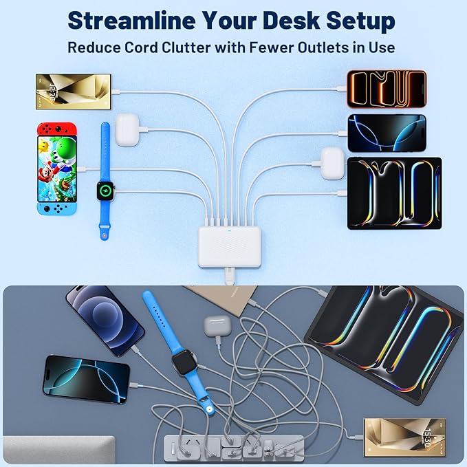 200W USB C Charging Station,8-Port GaN USB C Charger Block,PD 65W Desktop Charger, Power Strip Adapter Compatible with iPhone 17/16/15/14,MacBook Air/Pro,DELL, iPad Pro,Galaxy and More,White