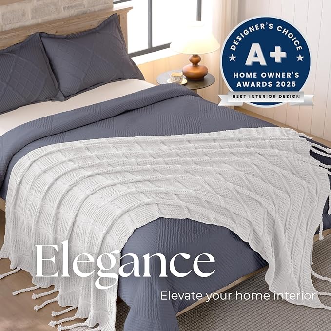Boho Knitted Chenille Blanket with Tassels - Lightweight & Soft All-Season Throw - 3D Classic Pattern for Living Room Bedroom Couch, Cloud White, King 90"x108"