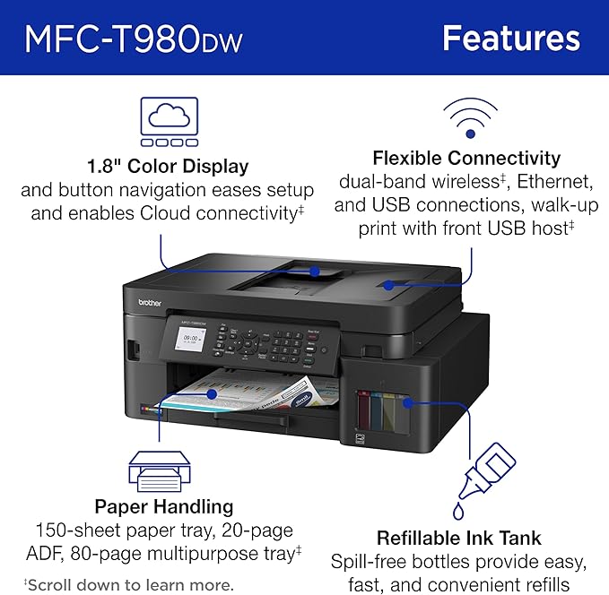 Brother INKvestment Tank 980 Wireless and Ethernet Color Inkjet All-in-One Printer with Multipurpose Tray | Includes up to 3 Years of Ink in-Box(1) and 3-Year Limited Warranty(2) (MFC-T980DW)