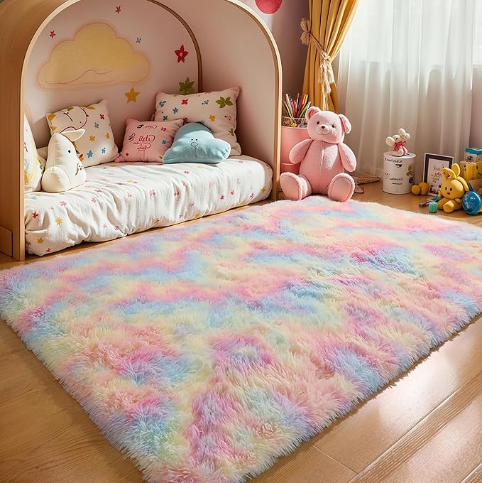 3x5 Rainbow Unicorn Rug for Girls Bedroom, Fluffy Shaggy Carpet | Area Rug for by KICHOWUA