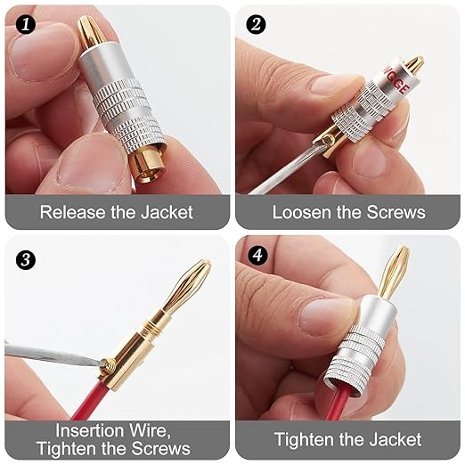 WGGE WG-009 Banana Plugs Audio Jack Connector, 24k Gold Dual Screw Lock Speaker Connector for Speaker Wire, Wall Plate, Home Theater, Audio/Video Receiver and Sound Systems (6 Pairs / 12 pcs)