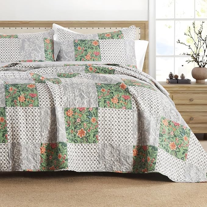 Quilt Set King Size Floral Patchwork Quilted, Soft Comforter Set Bedding Sets by TEXSTEAD