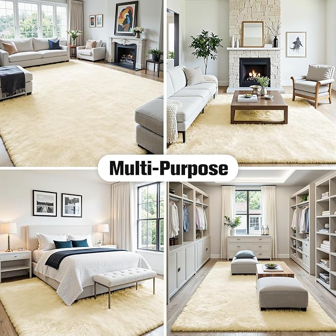 5x8 Fluffy Area Rug for Living Room: Non-Slip Cream White Bedroom Carpet | - Image 9