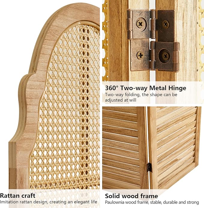 4 Panels Room Divider Wall, Rustic Rattan Room Divider, Wood Folding Privacy - Image 3