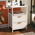 VINGLI White Nightstand with Charging Station and Fabric Drawers, Fluted by VINGLI