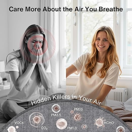 bonoch 16 in 1 Air Quality Monitor Indoor 7" Display 9 AQI+7 AQI Alerts, CO2 Monitor Air Quality Tester for CO2, TVOC, PM2.5 PM1.0 PM10, HCHO Temperature Humidity AQI & Time Air Quality Meter for Home