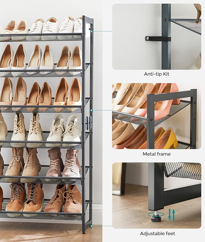 SONGMICS Shoe Rack, 6-Tier Shoe Organizer, Metal Rack for Garage, Set of 2, 3-Tier Stackable Shelf, with Adjustable Flat or Angled Shelves, 18-24 Pairs, Charcoal Gray ULMR003G02