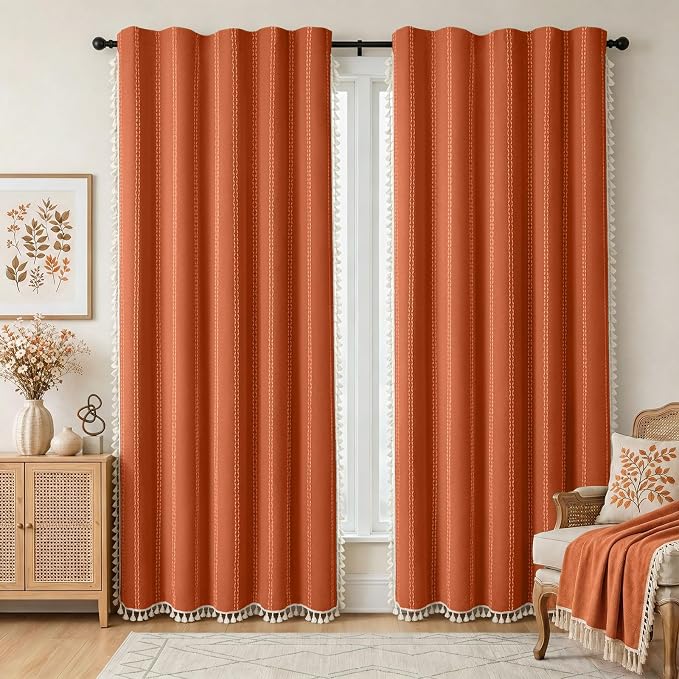 Burnt Orange 100% Boho Blackout Curtains 84 Inch 2 Panels | Vintage Farmhouse - Image 2