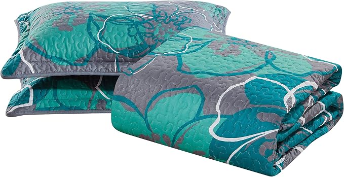 Home Collection Quilt Bedspread Set Over Size Flowers Printed Grey Turquoise - Image 4