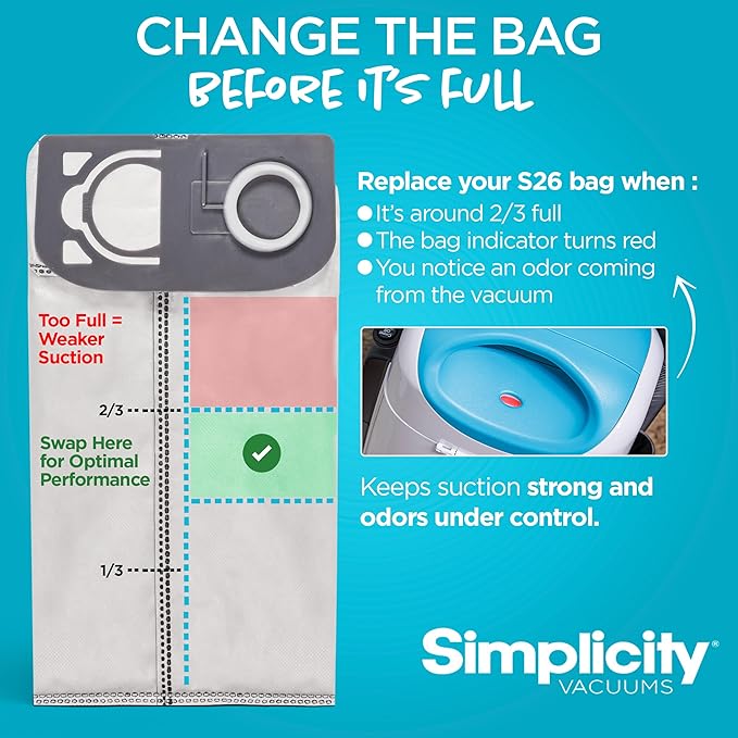 Simplicity Vacuums S26HC-6 HEPA Vacuum Bags with HEPA Media for S26 Premium Allergy Upright Vacuum Cleaner, Charcoal-infused, Drop-in Bag, Sealed HEPA System