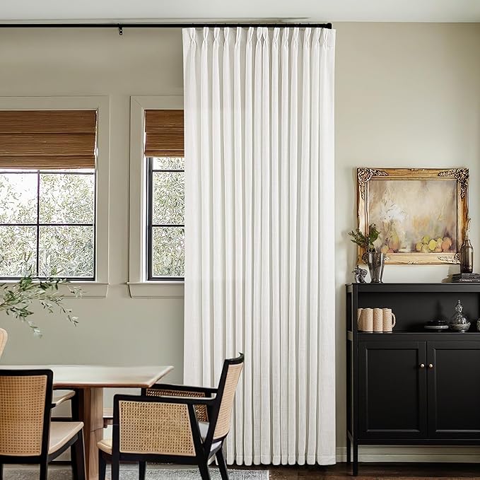 Thick Linen Semi Sheer Curtains 90 Inches Long for Living Room Bedroom Light Filtering Beige Off White Textured Burlap Pinch Pleated Curtains 90 Length Hooks Rings Back Tab for Sliding Door 2 Panels