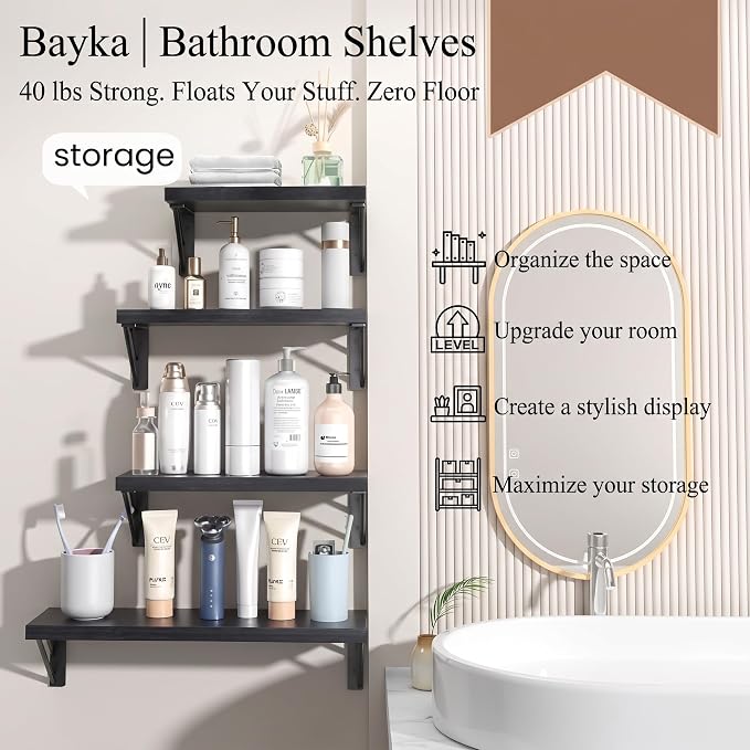 BAYKA Wall Mounted Floating Bathroom Shelves, Wood Wall Shelf - Image 2