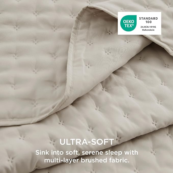 Bedsure King Size Quilt Bedspread, Thin Comforter, Oatmeal Coverlet | - Image 3