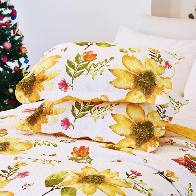 EVENHUG 100% Cotton Quilt Twin Size Yellow Sunflower Bedding Set Floral - Image 5