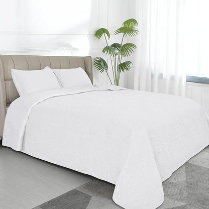 Easy-Going King Size Reversible Quilt Set with 1 Quilt and 2 Pillow Shams, Soft Bed Quilt Cover, Water Resistant Lightweight Microfiber Bedspread, Stain Resistant, Damask-White/White