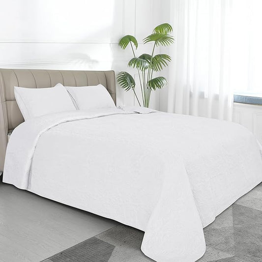 Easy-Going King Size Reversible Quilt Set with 1 Quilt and 2 Pillow Shams, Soft Bed Quilt Cover, Water Resistant Lightweight Microfiber Bedspread, Stain Resistant, Damask-White/White