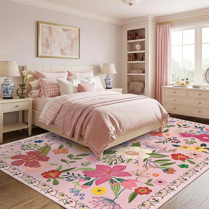 Latte&Fog 8x10 Area Rugs for Living Room Washable Large Floral Pink Rugs | Non by LatteFog