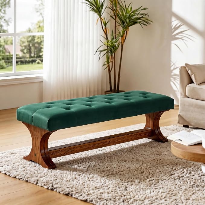 LITTLE TREE 55" Upholstered End of Bed Bench, Solid Wood Tufted Entryway Bench - Image 4