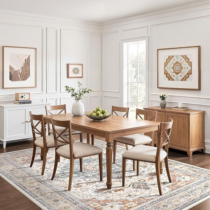 10x12 Area Rug Living Room: Washable Boho Large Neutral Vintage Soft Rugs Stain Resistant Distressed Farmhouse Non-Slip Indoor Floor Carpet for Bedroom Nursery Kids Office Dining Room- Beige Blue