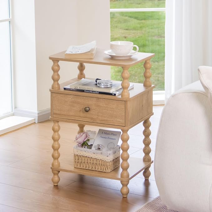 AWASEN Nightstand with Drawer, Walnut Bedside Table with Storage, End Table | - Image 3
