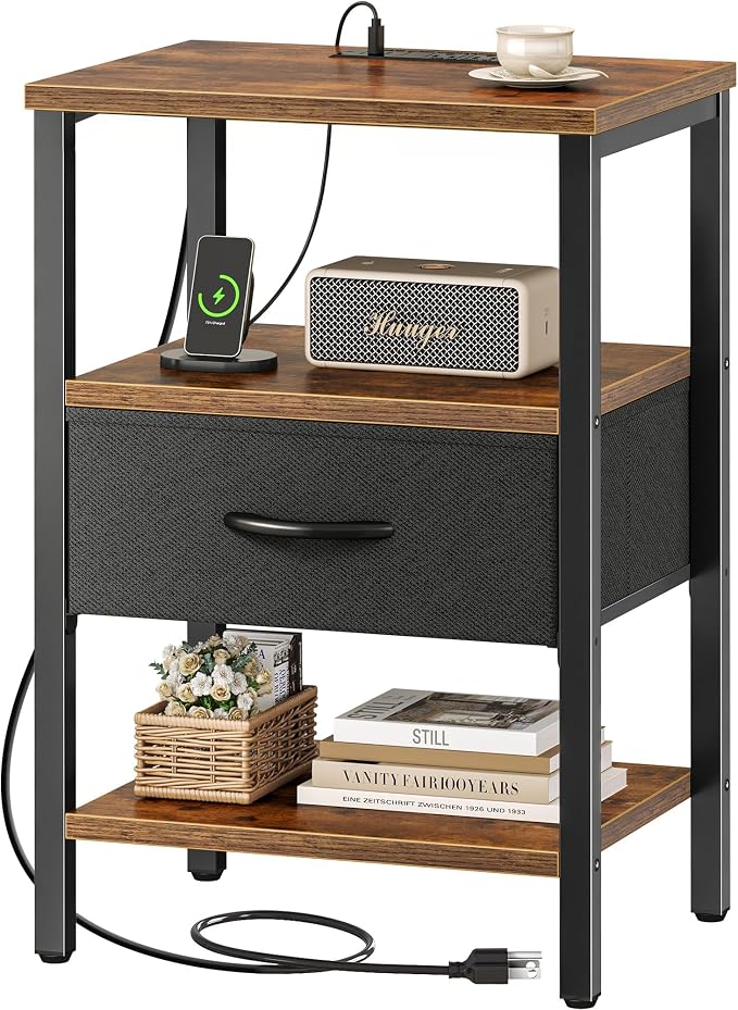 SUPERJARE Nightstand with Charging Station, Bed Side Table with Adjustable by SUPERJARE