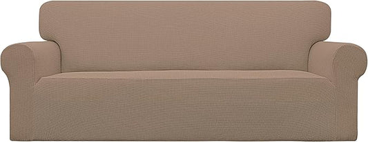 Easy-Going Stretch Sofa Slipcover 1-Piece Sofa Cover Furniture Protector Couch Soft with Elastic Bottom for Kids, Polyester Spandex Jacquard Fabric Small Checks (Sofa, Camel)