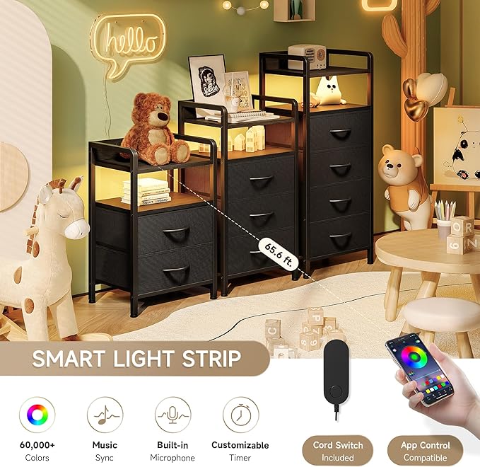 Lazzanto Nightstand with Rear Charging Station, LED Light, 3 Drawers, 2 USB-A - Image 4