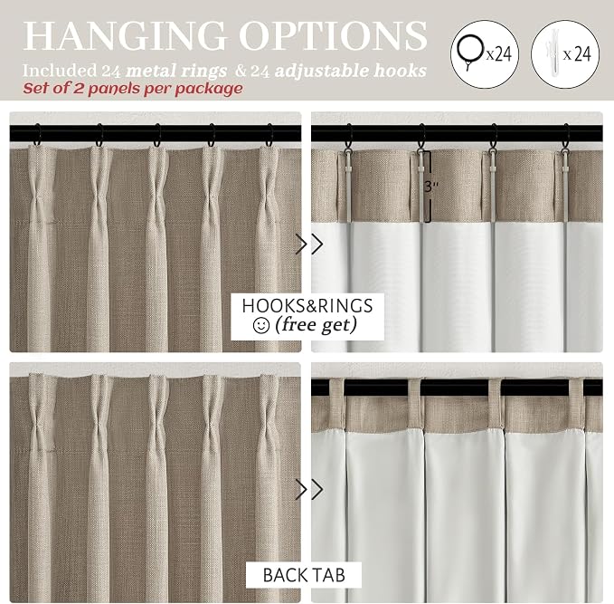 Pleated Linen 100% Blackout Taupe Curtains 96 Inches Long - Image 7
