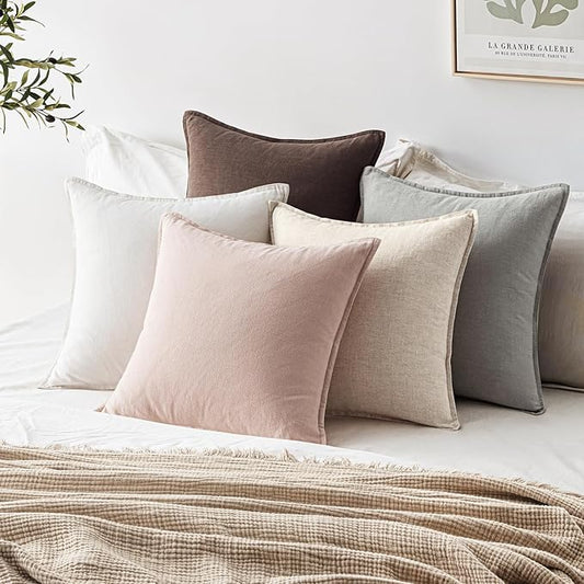 EMEMA Throw Pillow Covers Decorative Linen Pillow Covers 24x24 Inch Pink Boho Farmhouse Neutral Couch Throw Pillows for Bed Pack of 2 Accent Pillowcase Modern Sofa Cushion Livingroom Home