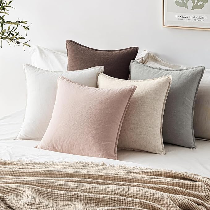 EMEMA Throw Pillow Covers Decorative Linen Pillow Covers 24x24 Inch Dark Brown Boho Farmhouse Neutral Couch Throw Pillows for Bed Pack of 2 Accent Pillowcase Modern Sofa Cushion Livingroom Home