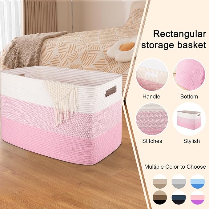 OIAHOMY 108L Extra Large Blanket Basket Dog Toy Basket Pink&White | Rectangle - Image 3