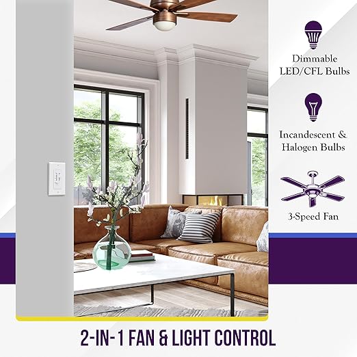 ENERLITES 3 Speed Ceiling Fan Control and Dimmer Light Switch, 2.5A Single Pole Light Fan Switch, 300W Incandescent Load, No Neutral Wire Required, 17001-F3-W, 120 Volts (AC), White, 2 Pack