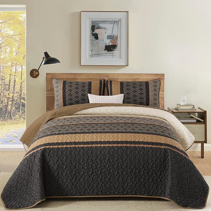 Dinjoy Boho Queen Quilt Set, Striped Bedspread Queen Size, 3 Pieces Micofiber - Image 2