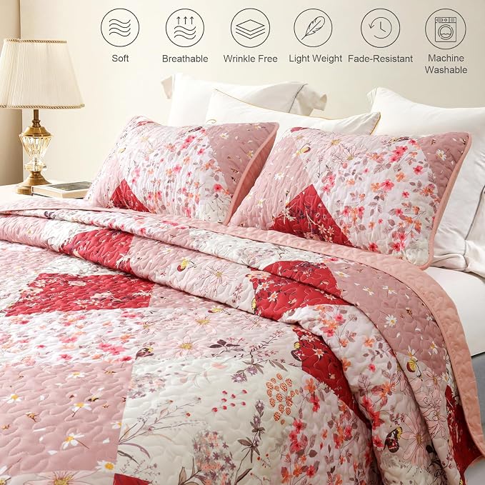 Whale Flotilla Patchwork Quilts Queen Size, Extra Soft Floral Bedspreads | Red - Image 3