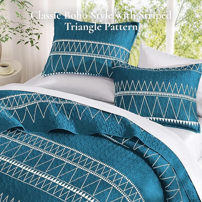 Teal Twin Quilt Set, 2 Pieces Boho Lightweight Striped Bedspread | Soft Teal - Image 4