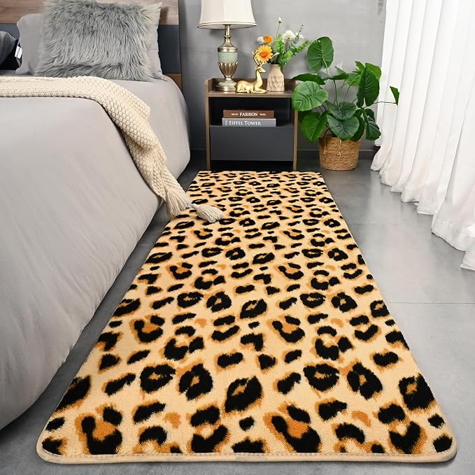 Soft Leopard Runner Rugs, 2x6 Cheetah Print Bedroom Bedside Rugs | Washable - Image 2
