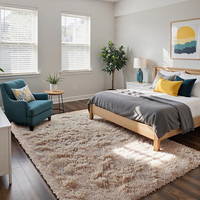 4x6 Beige Rug for Bedroom, Fluffy Shag Area Rug Small Rug Bedroom Carpet | - Image 2
