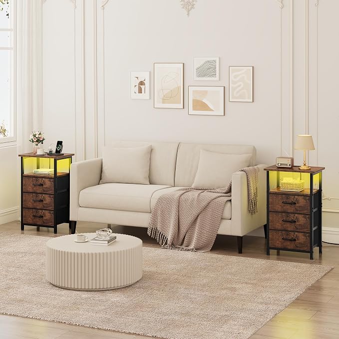 Night stand Set 2 with Charging Station, LED Nightstand - Image 2