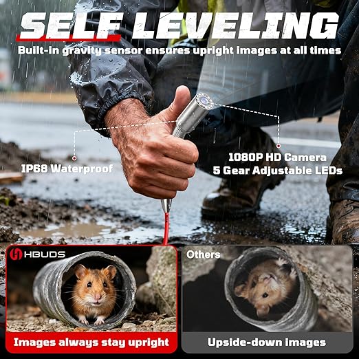 HBUDS Sewer Camera with 512Hz Sonde, Self Leveling 200ft Drain Camera with Meter Counter, 7mm Cable, 9" HD Screen 1080P Plumbing Cameras Snake with Light, 5100mAh Battery Pipe Inspection DVR 32GB