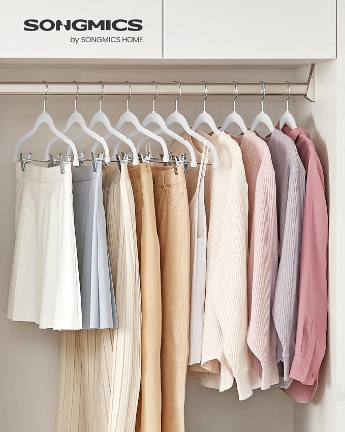 SONGMICS 30-Pack Pants Hangers, 16.7-Inch Long Velvet Hanger with Adjustable Clips, Heavy-Duty, Non-Slip Skirt Hangers, Space-Saving for Pants, Skirts, Coats, Dresses, White UCRF012W02