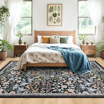 10x12 Area Rugs for Living Room: Floral Washable Rug Vintage Large Soft Boho Non-Slip Carpet Indoor Stain Resistant Low Pile Carpets for Bedroom Dining Room Farmhouse Nursery Home Office Dark Black