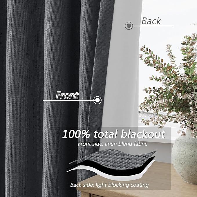 Blazer Grey 100% Blackout Linen Curtains 120 Inch Length 2 Panels Set - Image 4
