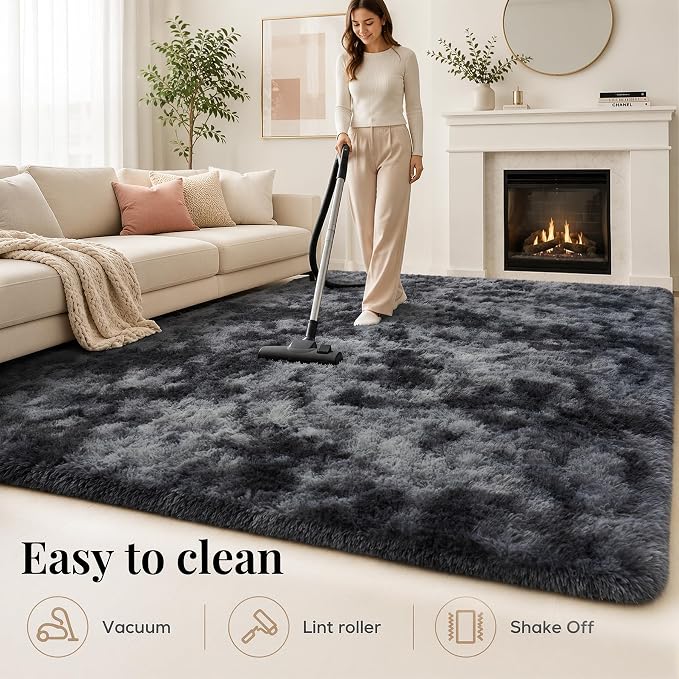 PLHXFR 4x6 Area Rugs Living Room: Fluffy Bedroom Soft Shag Rug Black Grey | - Image 9