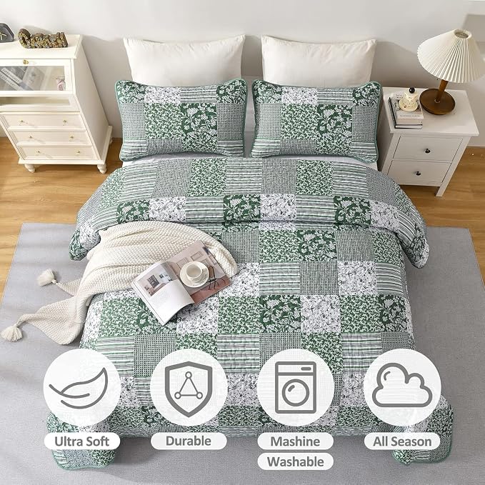 Mybedsoul Green Quilt Set Twin Size Dorm Bedding, Patchwork Bedding Set | Soft - Image 3